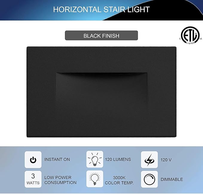 Ciata LED Stair Lights Indoor, Step Lights Outdoor Light 3 Watt, Warm White Stairway Lighting for Outdoor and Indoor Stairs 3000K Concrete, Home Theater Lighting, Black Finish, Horizontal, 3 Pack