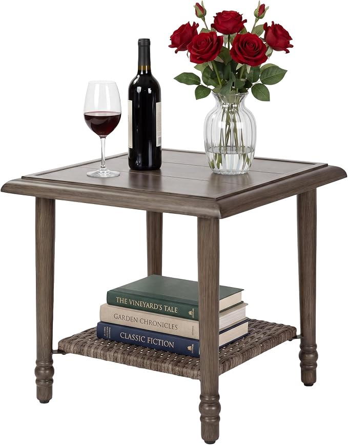 2-Tier Outdoor Side Table, 20.1 Inch Hand-Painted Wood Grain Patio Table with PE Rattan Shelf, All-Weather Accent Table for Porch, Balcony, Garden & Living Room