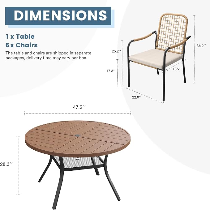 DIFY 7 Pieces Outdoor Dining Set, Metal Patio Table and Chairs Set for 6, 47.2" Round Dining Table with Umbrella Hole & Wicker Stackable Patio Chairs with Cushions, Walnut Tabletop