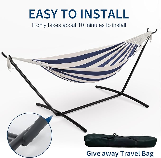 Double Cotton Hammock with Steel Stand for Outside, Brazilian Style 450lbs Capacity Portable Indoor Outdoor Lounger with Carry Bag, 2-Person Capacity, Ideal for Backyard, Garden, Camping, Blue