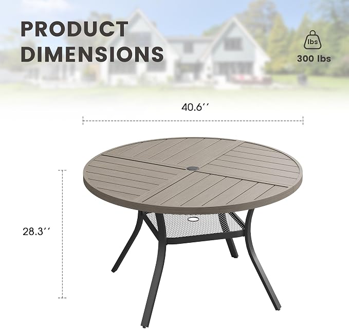 40.6" Outdoor Dining Table with Adjustable Umbrella Hole, Metal Slatted Round Patio Dining Table for Backyard Garden Deck, Antique Grey