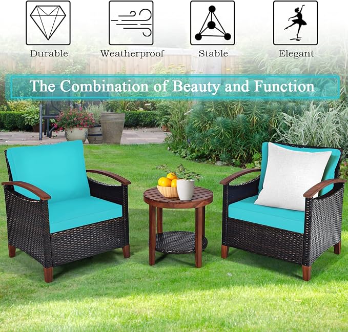 COSTWAY 3PCS Patio Rattan Furniture Set, Outdoor Solid Wood Frame Cushion Sofa with Round Table for Garden Porch Backyard Poolside (Turquoise)