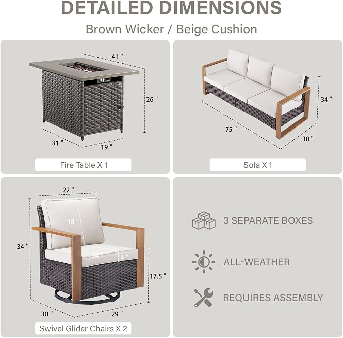 Belord Full 4 Pieces Patio Furniture Set with 41” Propane Fire Pit Table, Outdoor Conversation Set with Swivel Glider Outdoor Chair Set of 2 and Rattan Sofa for Deck Backyard