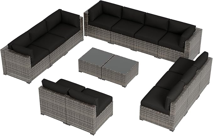 Aoxun Patio Furniture Sets, 14-Piece Outdoor Patio Furniture with 44'' Propane Gas Firepit Table, Wicker Outdoor Conversation Set Sectional Sofa for Backyard, Poolside, Garden