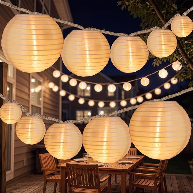 Outdoor Solar String Lantern Lights 30.7FT,Outdoor IP44 Waterproof 20 Lantern Added 1 Lantern Lights,8 Modes Solar Type-C Powered Patio Lights for Backyard Garden Cafe Bistro Party Decor