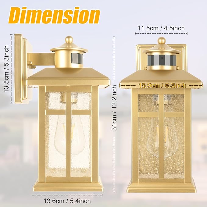 Exterior Motion Wall Sconce, 2 Pack Outdoor Light Fixture Wall Mount Gold | Hardwired Exterior Light Sconces with E26 Sockets & Tempered Glass, Wall Mounted Black Waterproof Outdoor Lights for House