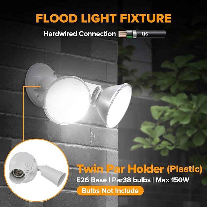 LUTEC 4 Pack Adjustable Twin Par Holder Outdoor Flood Lights, Switch Controlled Security Lights, Floodlights Fixture, Waterproof Exterior Max 300 Watt Par38 Flood Light for Garage, Yard, Porch-White