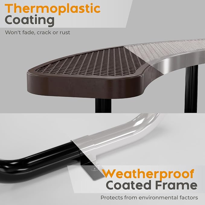 Metal Picnic Tables for Outdoors with Umbrella Hole - Coated Steel Heavy Duty Commercial Grade Furniture Set with Adjustable Seats (Brown, 46 in, Round, Expanded Steel)