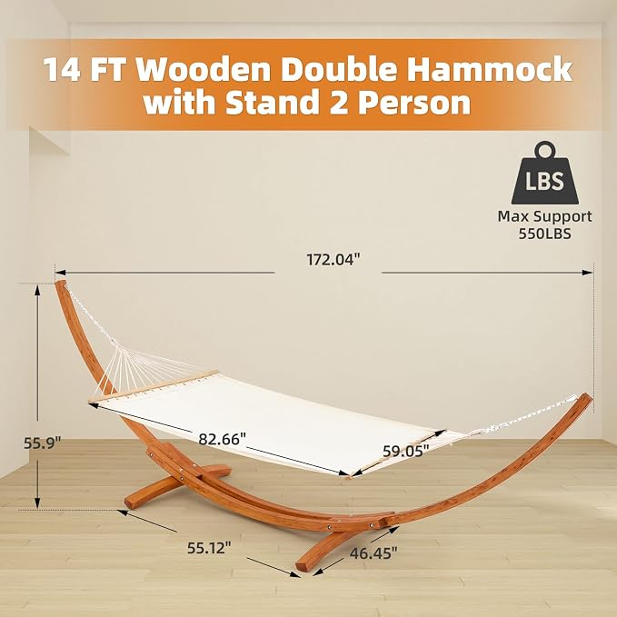 ECOTOUGE 14FT Wooden Double Hammock with Stand 2 Person Heavy Duty, Easy Assemble, Weatherproof Premium Quilted Camping Hammock for Outdoor, Patio(White)