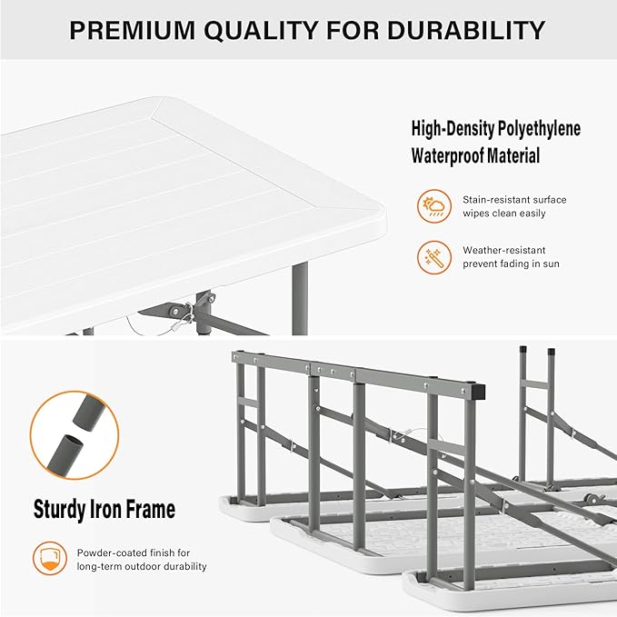 VINGLI Folding Picnic Table and Bench Set with Umbrella, Portable Outdoor Dining Furniture for Camping, Patio, Backyard, Wood Grain Plastic Top with Metal Frame