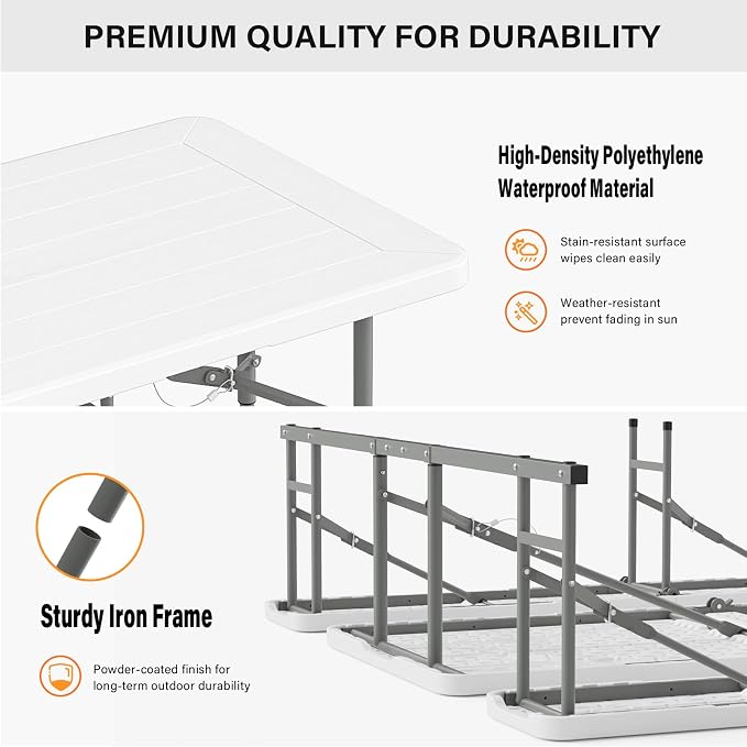 VINGLI Folding Picnic Table and Bench Set with Umbrella, Portable Outdoor Dining Furniture for Camping, Patio, Backyard, Wood Grain Plastic Top with Metal Frame with Light Blue Umbrella