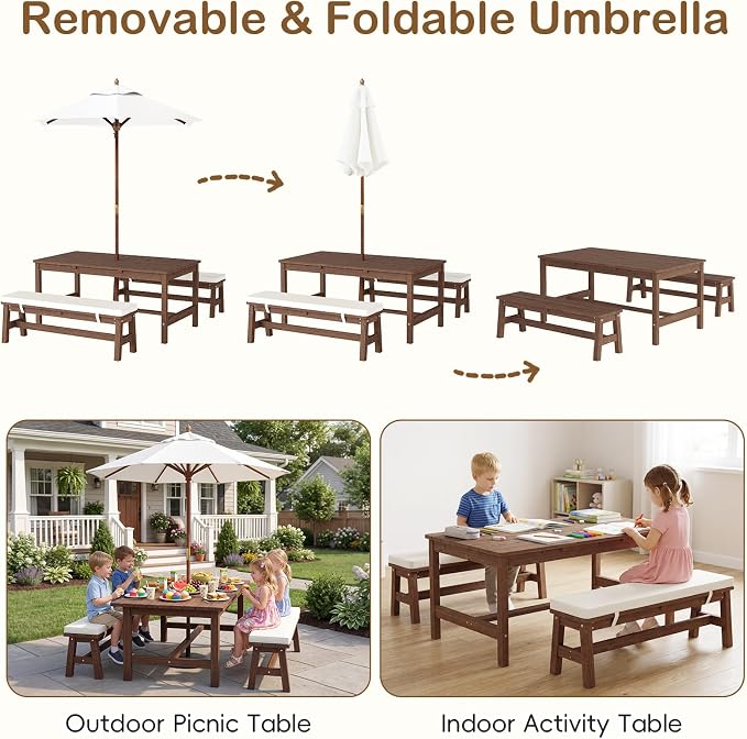 Olakids Kids Picnic Table, Outdoor Wooden Bench Set with Removable Cushions Adjustable Foldable Umbrella, Toddler Backyard Furniture for Patio Garden