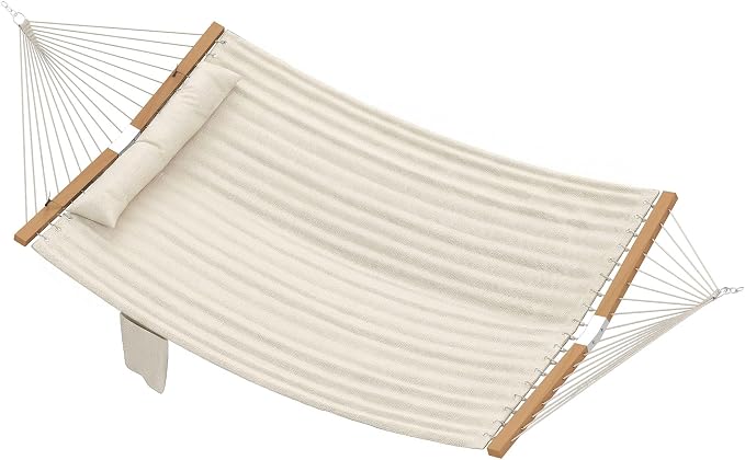 Outdoors 2-Person Hammock with Pillows & Pad Cream White Beechwood Spreader Bars 128in L 440lb Capacity