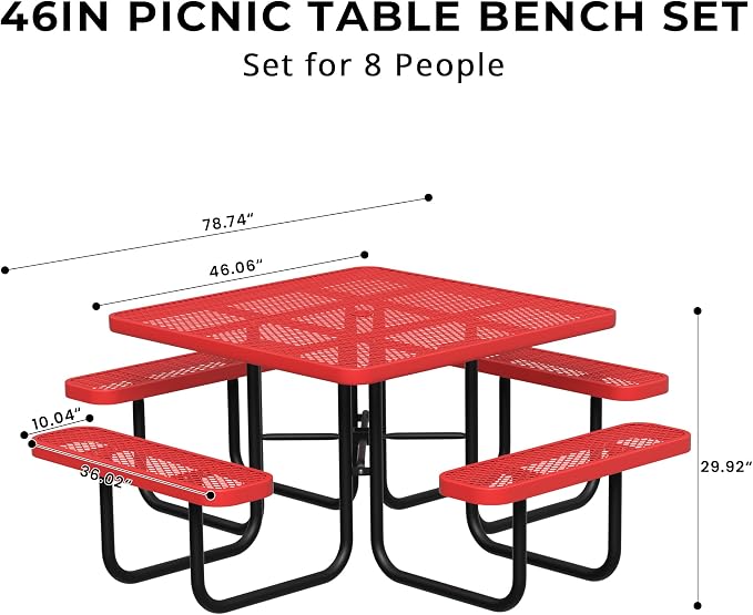 All-Weather Square Outdoor Picnic Table, Commercial Picnic Table Bench Set with Umbrella Hole, Thermoplastic Coated Metal Dining Tables for School, Stores, Park, Patio, Yard, Red