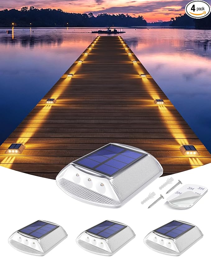 DetarZinLED Solar Deck Lights Outdoor IP68 Waterproof 4 Pack Amber Warm | Sturdy PC Shell, Stick on & Screw Mount, Markers Light for Outside Dock, Step, Walkway, Path, Sidewalk, Patio, pool, Driveway