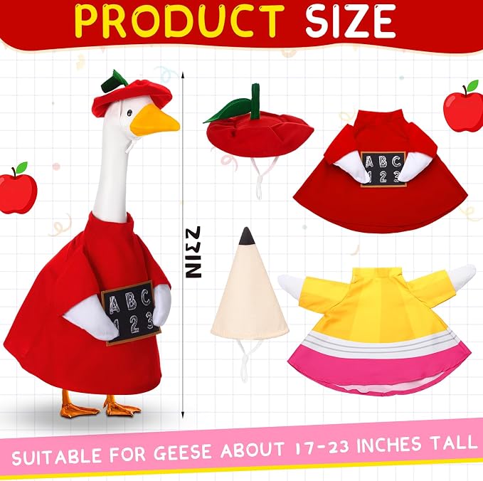 Abbylike 2 Set Back to School Porch Goose Outfit Pencil and Apple Goose Clothes Fits Large 23'' Cement Statue for Classroom Yard Patio Lawn Garden Pathway Art Decorations