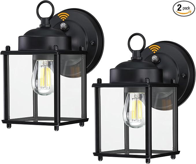 Outdoor Wall Light, Porch Lamp, Dusk to Dawn, Black | Exterior Wall Sconce Fixture for House, Garage, Patio, Rustproof Waterproof, Metal Housing with Glass, E26 Base, 2 Pack