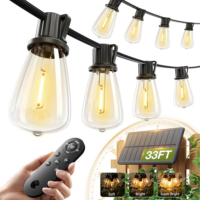 addlon 33(27+6) FT Solar String Lights Waterproof, Remote& USB Port 9+1 LED | Patio Light Solar Powered, Dimmable Bulbs 3 Lighting Modes Outdoor for Camping Backyard Garden