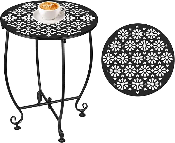 Small Outdoor Side Tables - 14 Inch Metal Patio Side Table, Anti-Rust Waterproof Outdoor Round End Table for Patio Porch Garden Yard Balcony, Black (Style E)