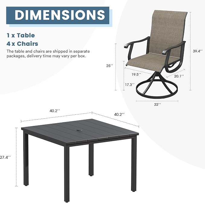 DIFY Patio Table and Chairs Set for 4, 5 Piece Outdoor Dining Set Includes 40.2" Black Square Metal Dining Table with Umbrella Hole and 4 Brown Textilene Swivel Patio Chairs, for Garden Backyard Deck