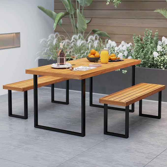 RELAX4LIFE Outdoor Dining Table for 6, 63’’ Rectangular Wooden Patio Table w/Umbrella Hole, Acacia Wood Tabletop & U-Shaped Metal Legs, Farmhouse Indoor Outdoor Use for Kitchen Garden Porch Backyard