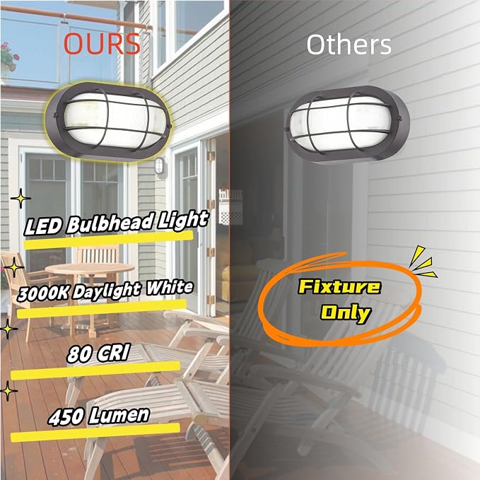 WISBEAM 2 Pack LED Bulkhead Light, Outdoor Bulkhead LED Wall Light, Dimmable, 6W Replace 60W, 450 Lumen 3000K Daylight White 80CRI, Water-Proof, ETL Rated