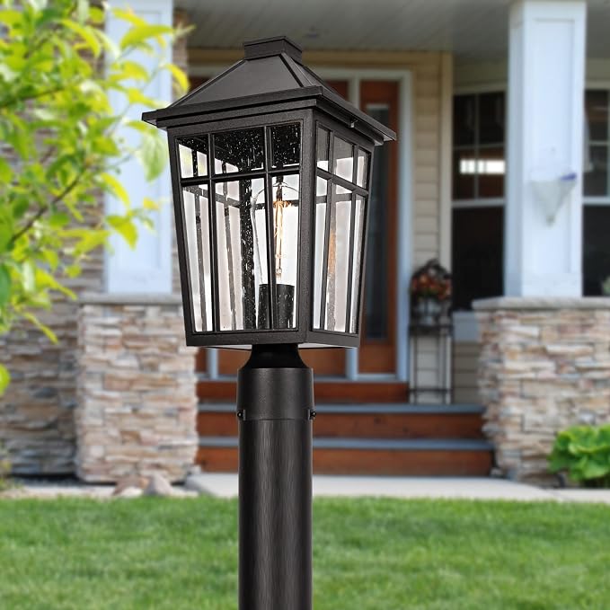 Darkaway Large Outdoor Post Lights Lamp Post Light Fixture, 17inch Waterproof Aluminum Post Lamp with Glass, Fence Deck Lighting for Garden, Patio, Pathway (Large，Black)
