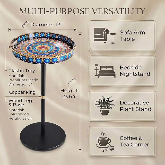 Gesodant Boho Single Leg Round Side Table with Tray Top, Pedestal Drink Table for Small Spaces, Aesthetic Accent Nightstand for Living Room, Bedroom, Corners, and Office (Peacock)