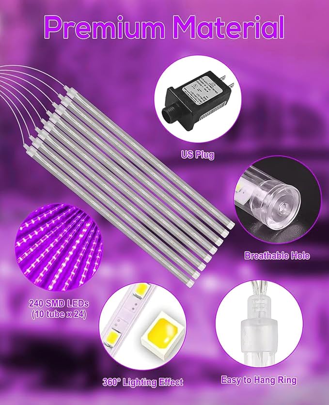 Christmas Lights 12 Inch 10 Tubes Meteor Shower Light LED Falling Rain Drop Lights Icicle Snow Cascading Xmas String Decor for Wedding Party Garden Decoration,Shine Purple