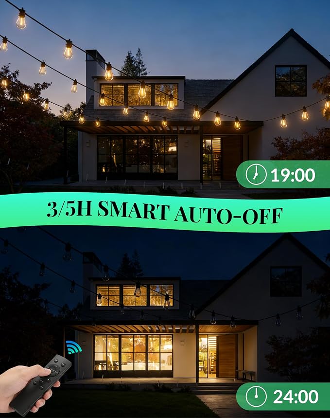 Outdoor String Lights Patio Light - 65Ft Outside Waterproof Dimmable Bulbs | S14 LED Remote Porch Light, Shatterproof Edison Bulbs Hanging Connectable Lighting for Gazebo Backyard Bistro Pergola, Timer