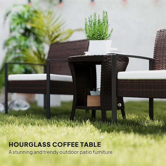 Outdoor Wicker Side Table Hourglass Shape Rattan Patio Table with Storage Shelf, All-Weather for Outside Patio, Porch, Garden, Brown