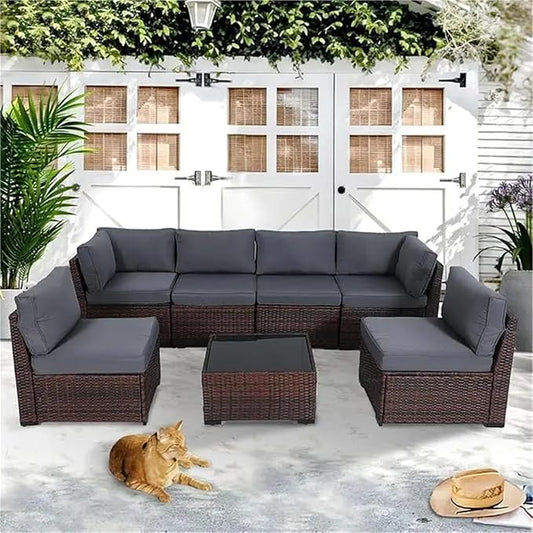 7 Pieces Patio Conversation Sets, All Weather Outdoor Sectional Patio Sofa, Manual Weaving Wicker Rattan Patio Seating Sofas with Thick Cushions and Coffee Table(Grey)