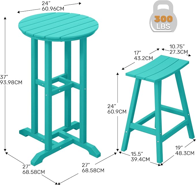 Costaelm Outdoor Bar Table, 37" Counter Height Round Patio Cocktail Bar Table, Patio Bar Table 3-Pieces Set Bistro Dining Table Pub Table for Deck, Backyard, Garden, Turquoise