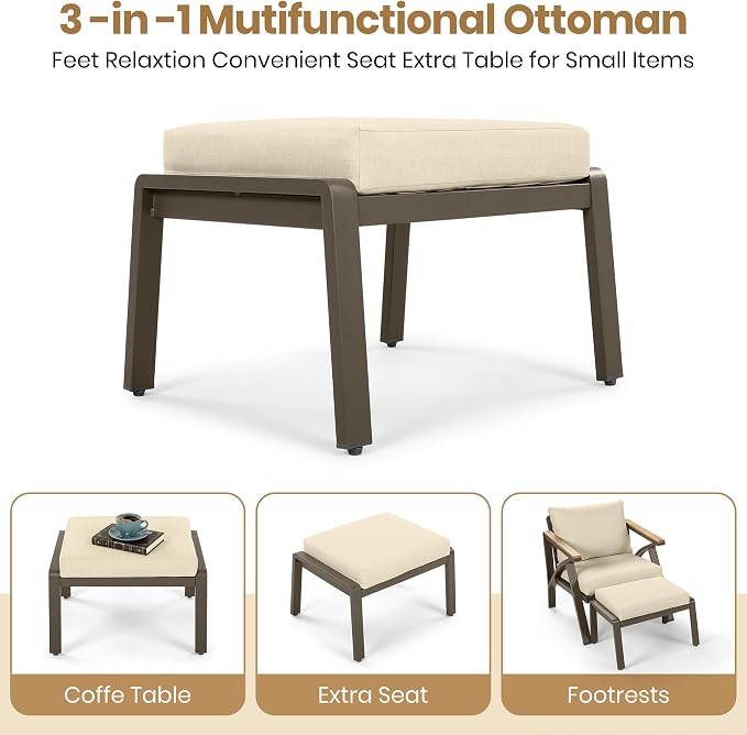 KLMM 6-Piece Outdoor Patio Furniture Set,Steel Frame Sofa Set with 3-Seat Couch, 2 Armchairs, 2 Ottomans & Acacia Wood Coffee Table,for Backyard, Garden, Poolside (Brown,Cream Beige-BC)