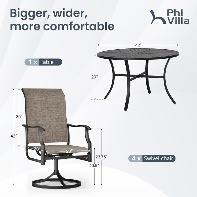 PHI VILLA Outdoor Dining Set for 4, Round Patio Table & Swivel Chairs | Padded Textilene, High back & Ergonomic, Metal table, Umbrella hole, Weather resistant, Heavy-duty, Patio backyard deck
