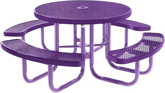 COATEDOUTDOORFURNITURE Heavy-Duty Portable Outdoor Picnic Table with Umbrella Hole, Expanded Metal Commercial-Grade Patio Furniture Made in America (46" Round Top, Purple with Purple Frames)
