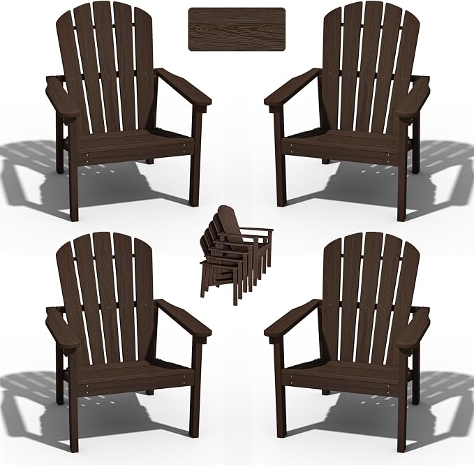 nevilywood Compact Stackable Adirondack Chairs Set of 4,HDPE,380lbs,Coffee | 26.3" Wide HDPE.All-Weather Outdoor.Maintenance-Free.Stackable for Storage.25°Curved Straight Backrest.Quick Assembly