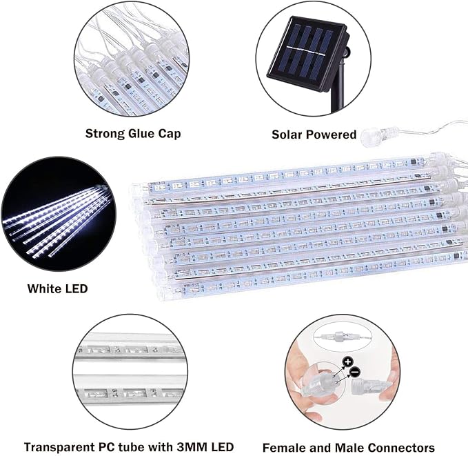JMEXSUSS 2 Pack Solar Christmas Meteor Shower Lights, 16 Tube 288 LED | White Solar Christmas String Lights Outdoor Waterproof for Tree Patio Garden Wedding Party Decorations