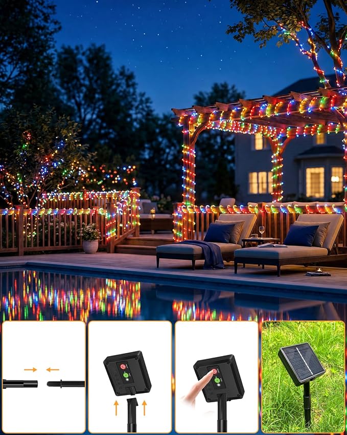 btfarm 2 Pack Solar Rope Lights Outdoor, 120LED 46FTSolar Trampoline String Lights Outdoor Waterproof, 8 Lighting Modes Tree Light Solar Powered for Garden Christmas Yard Party Decoration, Multicolor
