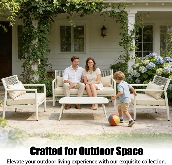 Outdoor Patio Furniture Set, 4 Seats Outdoor Sectional with Coffee Table, Patio Conversation Sets with PE Rope, Outdoor Sectional Sofa with Thick Cushions for Balcony, Porch (White)