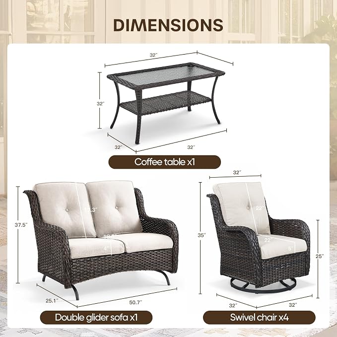 Patio Loveseat Glider Set, Resin Wicker Loveseat Glider with 2 Swivel Patio Chiars and Coffee Table, 4 Piece Patio Bistro Set Furniture Loveseat Set, Brown Wicker|Beige Cushions