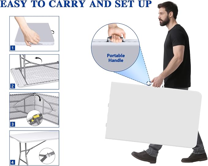 8FT Folding Tables – Heavy Duty Portable Foldable Picnic Table with Built-in Handle, 450 lb Capacity – Ideal for Events, Parties, Crafts, Camping & Dining (10-Pack, White)