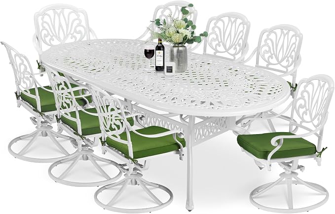 MEETWARM 9-Piece Outdoor Patio Dining Set, All-Weather Cast Aluminum Patio Conversation Set for Backyard Garden Deck with 8 Cushioned Swivel Rocker Chairs, 1 Oval Table, 2" Umbrella Hole, White