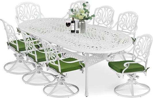 MEETWARM 9-Piece Outdoor Patio Dining Set, All-Weather Cast Aluminum Patio Conversation Set for Backyard Garden Deck with 8 Cushioned Swivel Rocker Chairs, 1 Oval Table, 2" Umbrella Hole, White