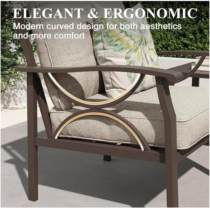 Hassyee 2 Pieces All-Weather Metal Outdoor Conversation Set with Coffee Table and Removable Cushions for Balcony, Patio Furniture Set with Modern Curved Design for Backyard, Lawn (2 PCS Set)