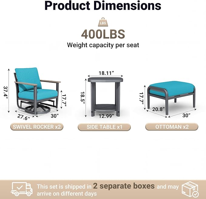 Aluminum Swivel Rocking Chairs with Ottomans, 5-Piece Outdoor Patio Furniture Set, Metal Gliders with Side Table, Wood-Like Armrests & 5.1" Thick Cushions for Porch, Blue