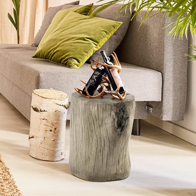 SUNBURY 15" W Stump Side Table Set of 2, Concrete Side End Coffee Table, Grey Stool Prop Plant Stand Holder Log for Garden Household Living Room