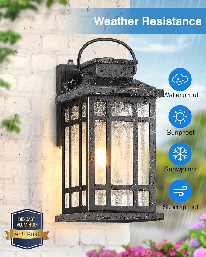 Exterior Lighting Fixtures, Black Porch Lights Outdoor with Gold Trim, Dusk to Dawn Porch Light with Seeded Glass, Aluminum Anti-Rust Waterproof Outdoor Wall Lantern for Houae, Garage, Doorway