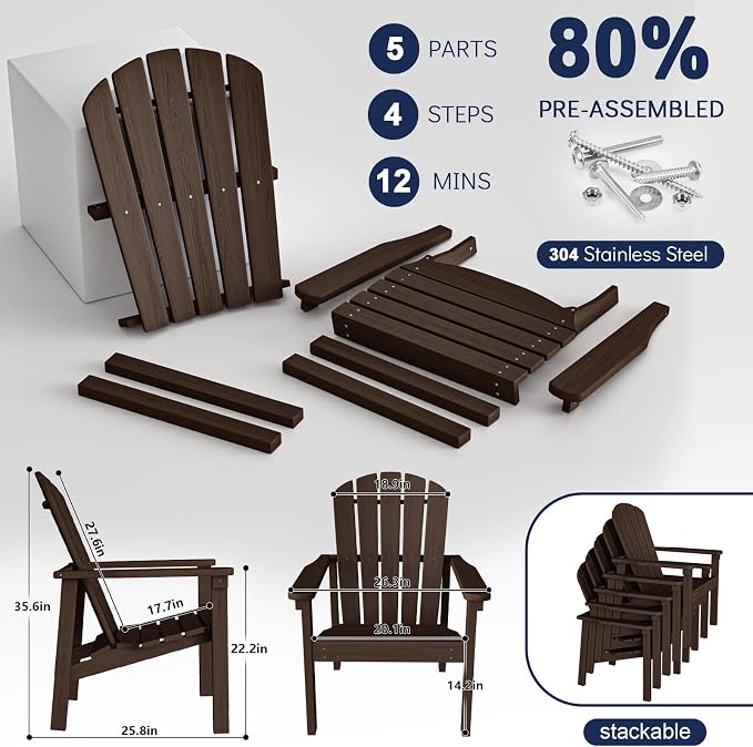nevilywood Compact Stackable Adirondack Chairs Set of 2,HDPE,380lbs,Coffee | 26.3" Wide HDPE.All-Weather Outdoor.Maintenance-Free.Stackable for Storage.25°Curved Straight Backrest.Quick Assembly