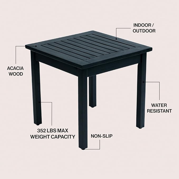 JONATHAN Y Archer 18" Square Acacia Wood Outdoor Side Table, Modern Glossy Black Slatted Patio End Table for Porch, Poolside and Garden, Weather Resistant Accent Table END6000B